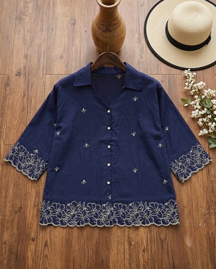Woman Blue Cotton Tops-Boarder Embroidery-AT 1009