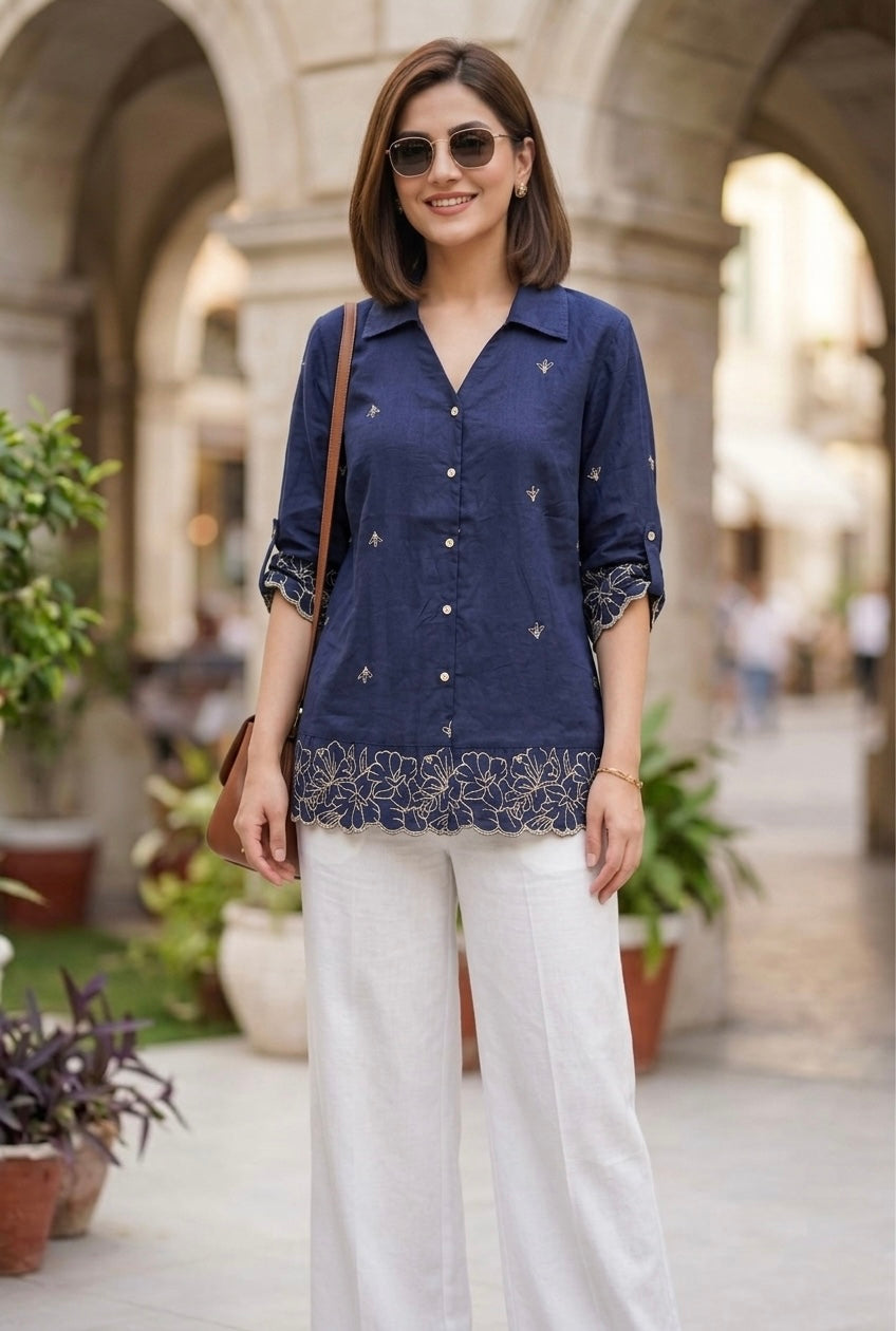 Woman Blue Cotton Tops-Boarder Embroidery-AT 1009