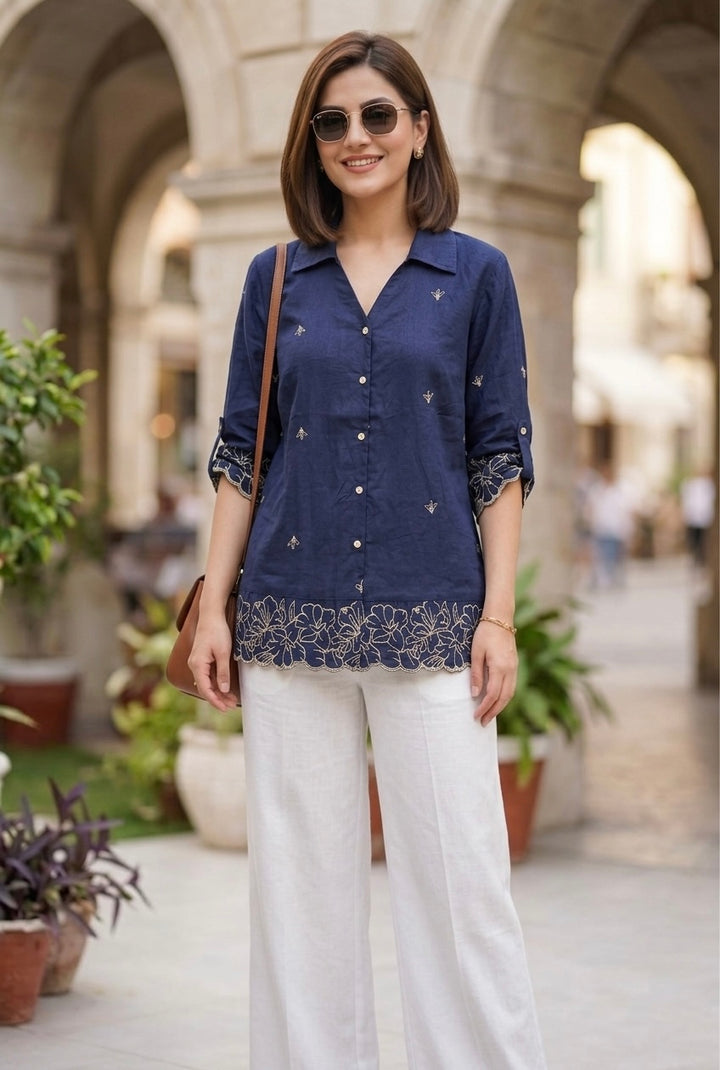 Woman Blue Cotton Tops-Boarder Embroidery-AT 1009