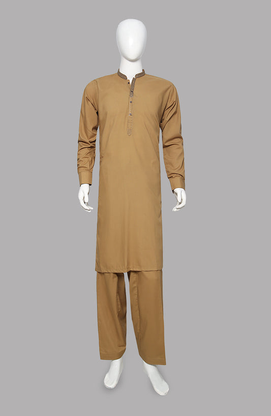 Men’s Embroided Shalwar Qameez Light  Brown - button & threads