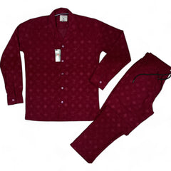 Men China Cotrai Safari Suit- Burgundy/Mehroon L-V - button & threads