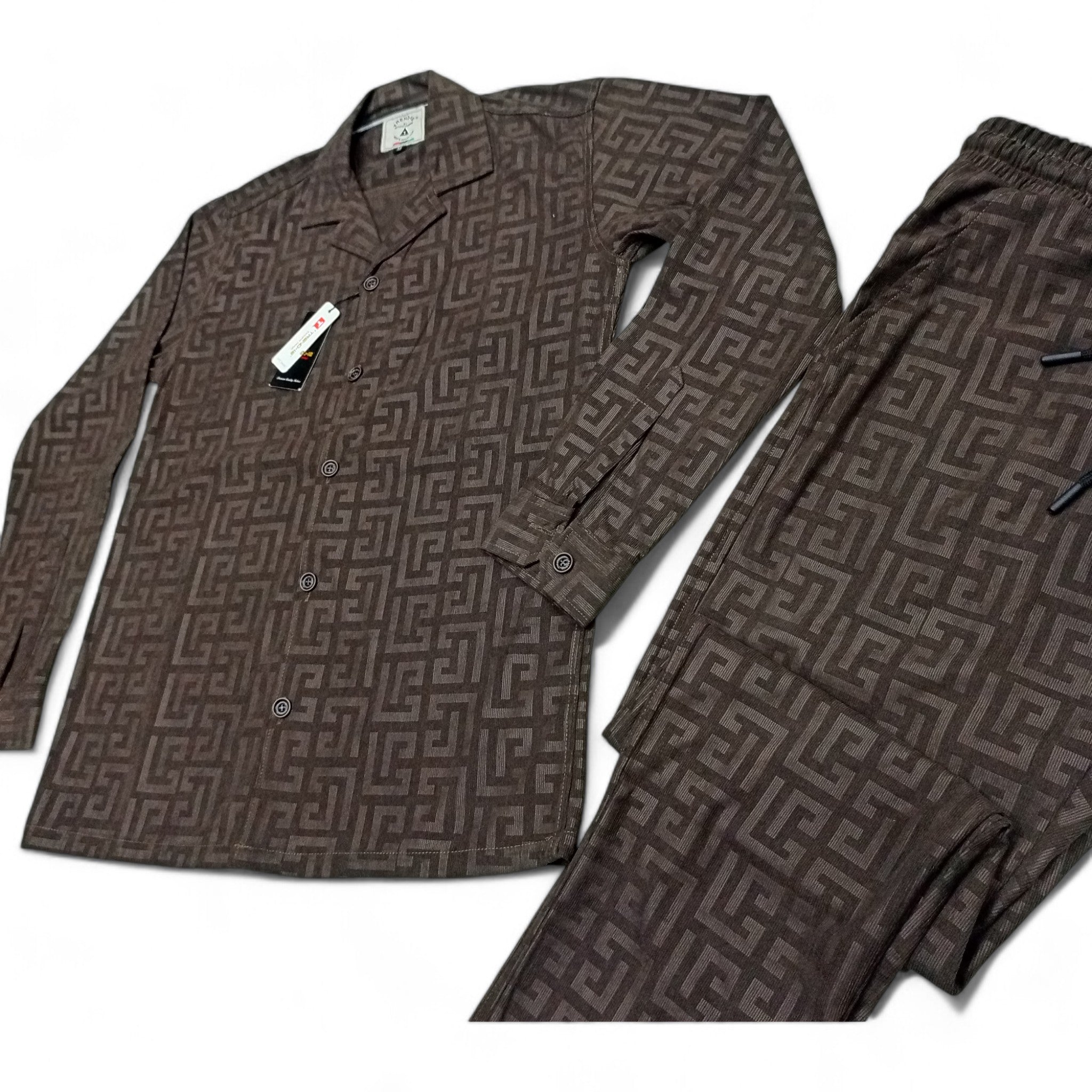 Men China Cotrai Safari Suit- Chocolate Brown-Pattern - button & threads