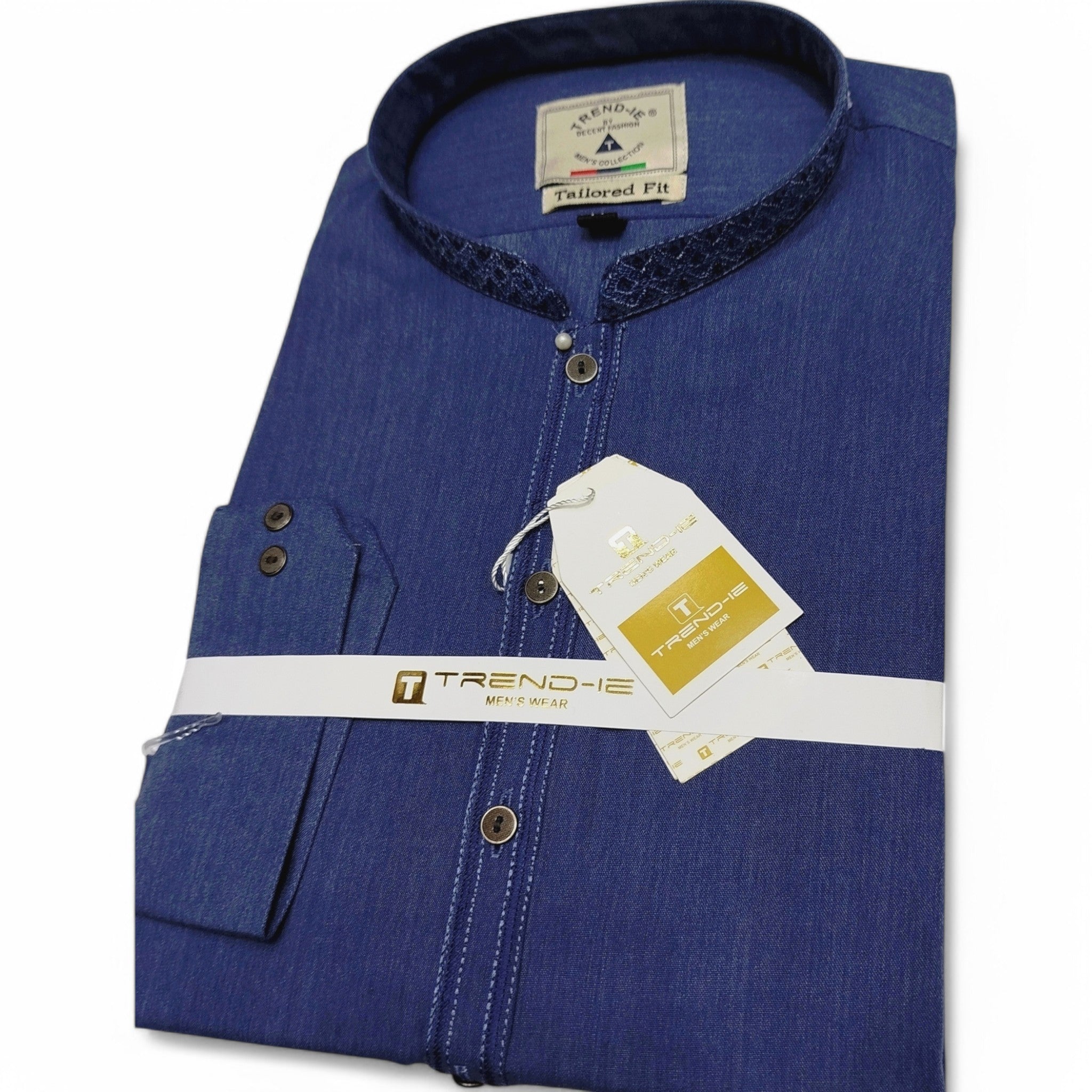 Men’s Embrioded Shalwar Qameez- Texture Blue-BC1003 - button & threads