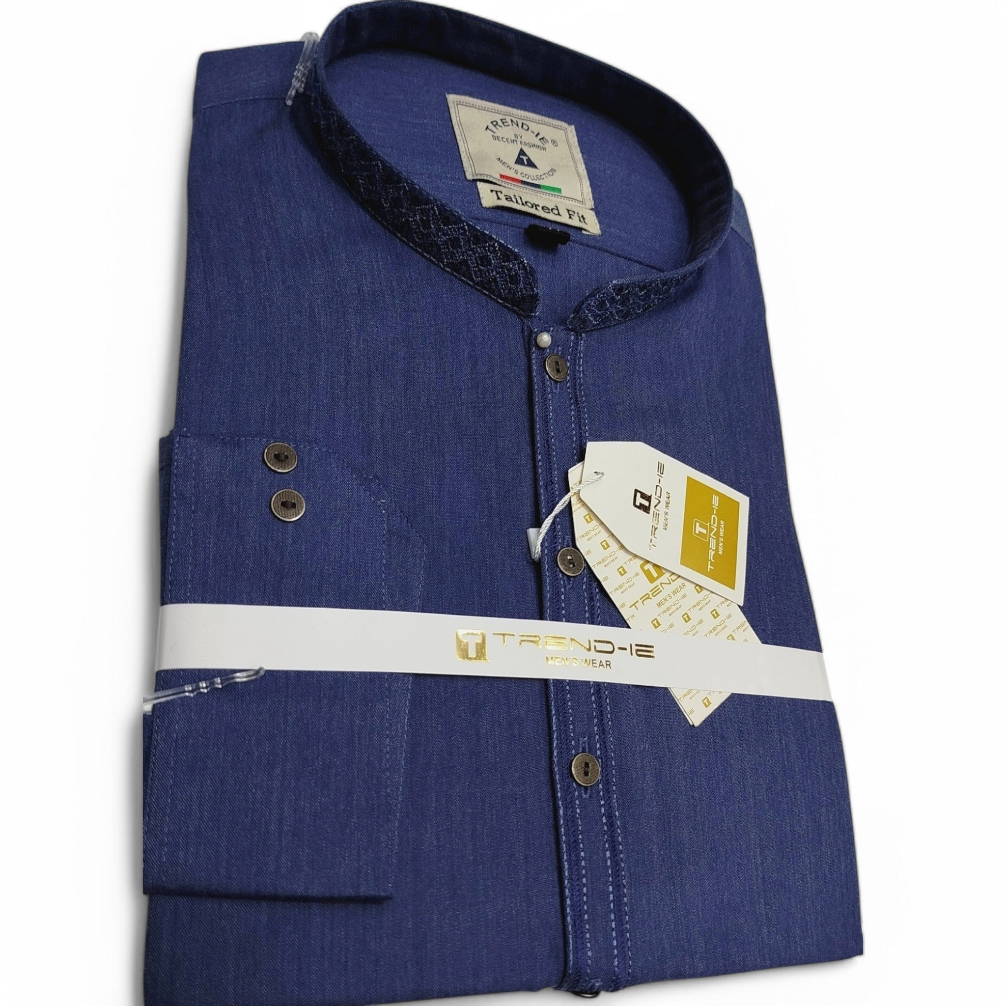 Men’s Embrioded Shalwar Qameez- Texture Blue-BC1003 - button & threads