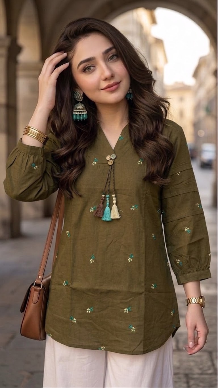 Woman Green Cotton Tops-All Over  Embroidery-AT 1007