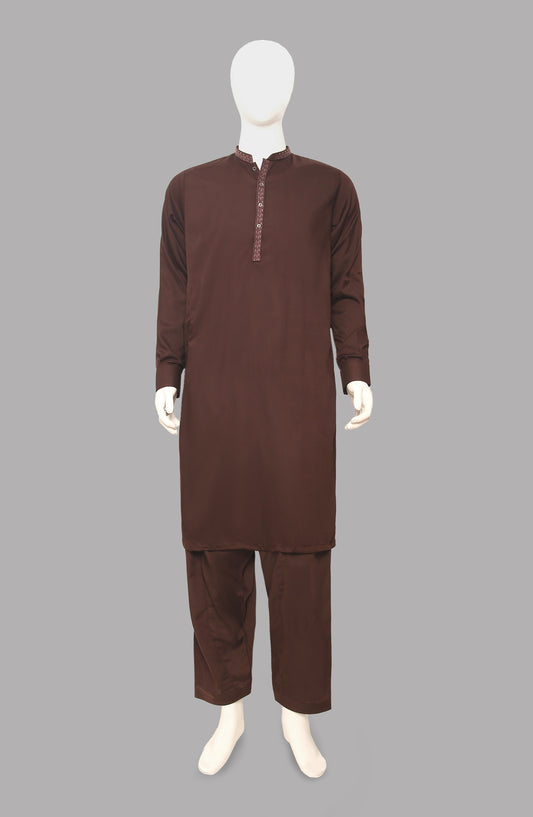 Men’s Embroided Shalwar Qameez D-Brown - button & threads