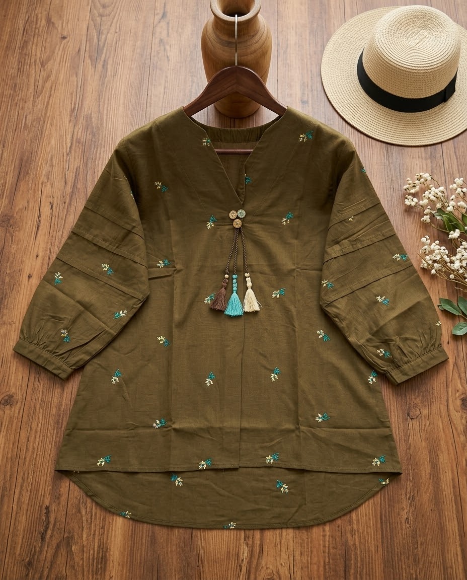 Woman Green Cotton Tops-All Over  Embroidery-AT 1007