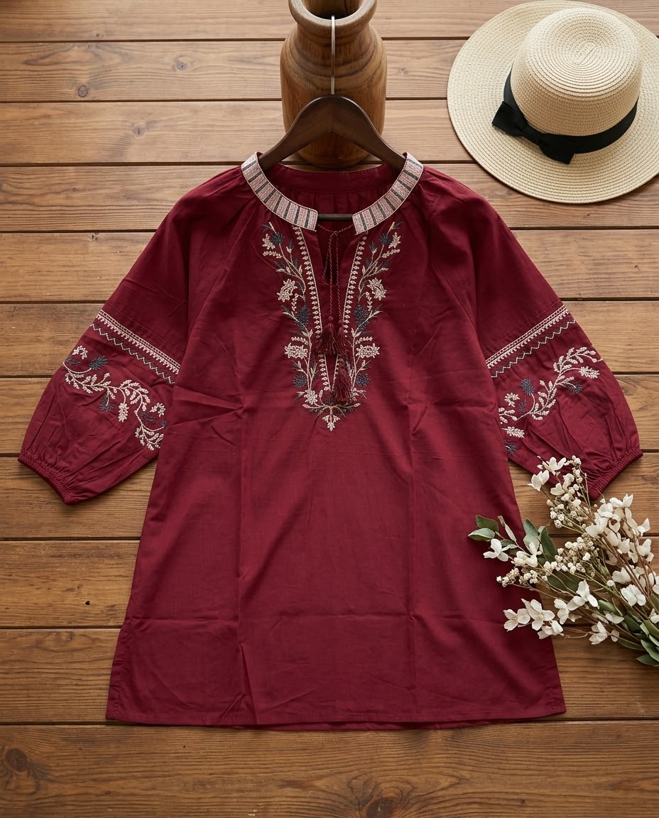 Woman Mehroon Cotton Tops-Arms Embroidery-AT 1004