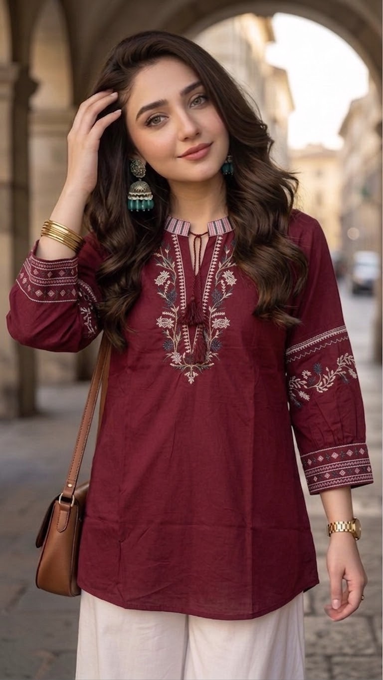 Woman Mehroon Cotton Tops-Arms Embroidery-AT 1004