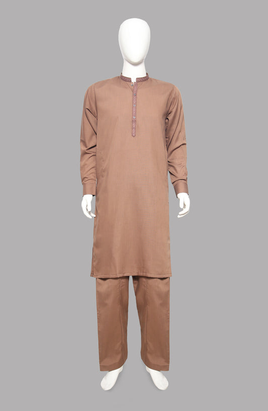 Men’s Embroided Shalwar Qameez Light-Brown - button & threads