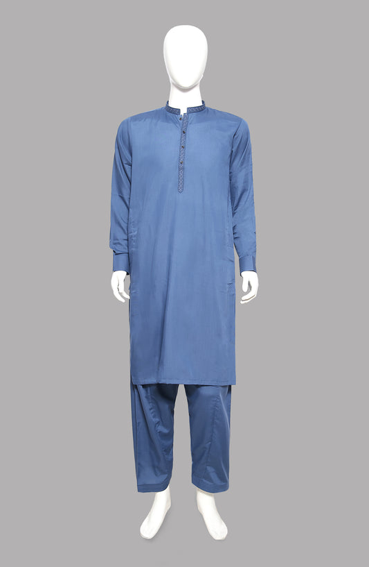 Men’s Embroided Shalwar Qameez-Blue - button & threads