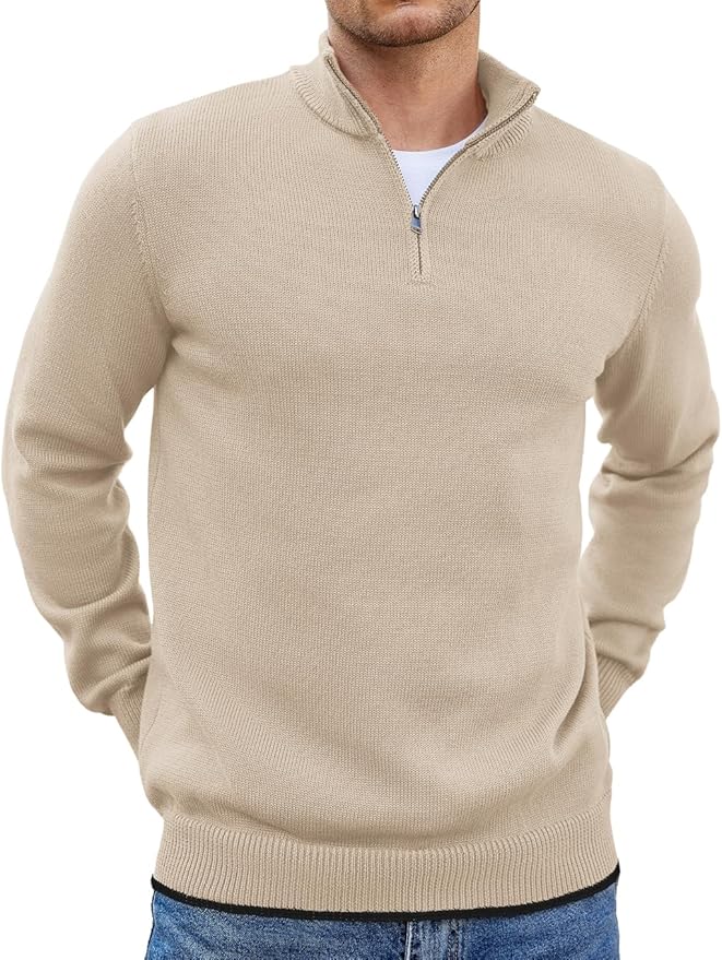 Old Money Men's Zipped Light Beige Textured Sweat Shirt - button & threads