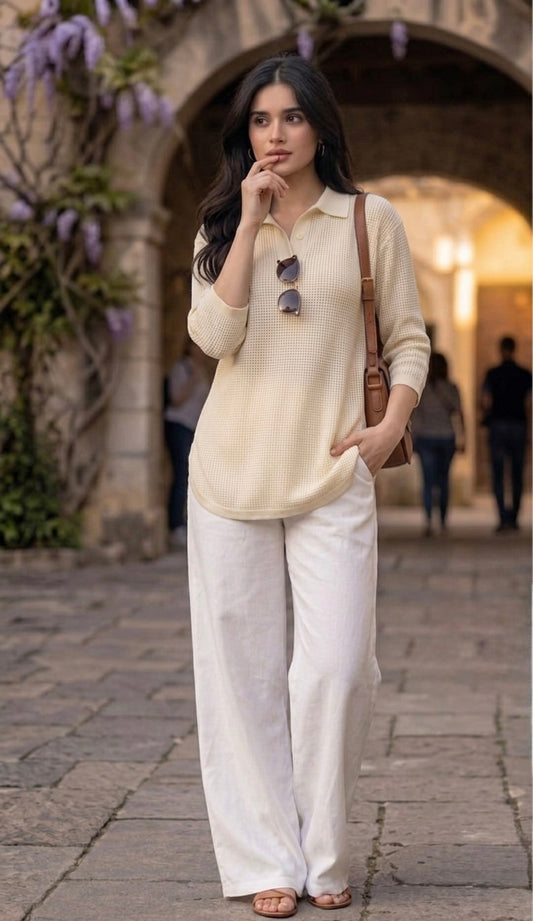 Woman Premium Tops-Cream - button & threads