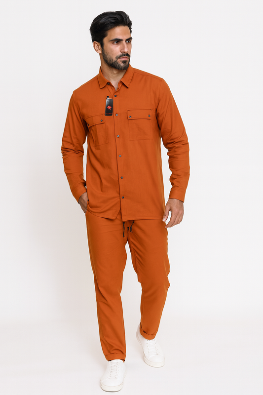 Men Stretchable Safari Suit-Khaki - button & threads