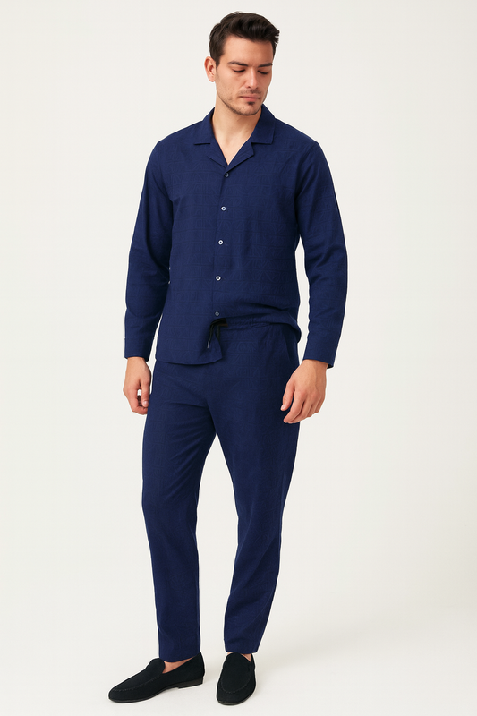 Men China Cotrai Safari Suit- Navy-Ar-mani