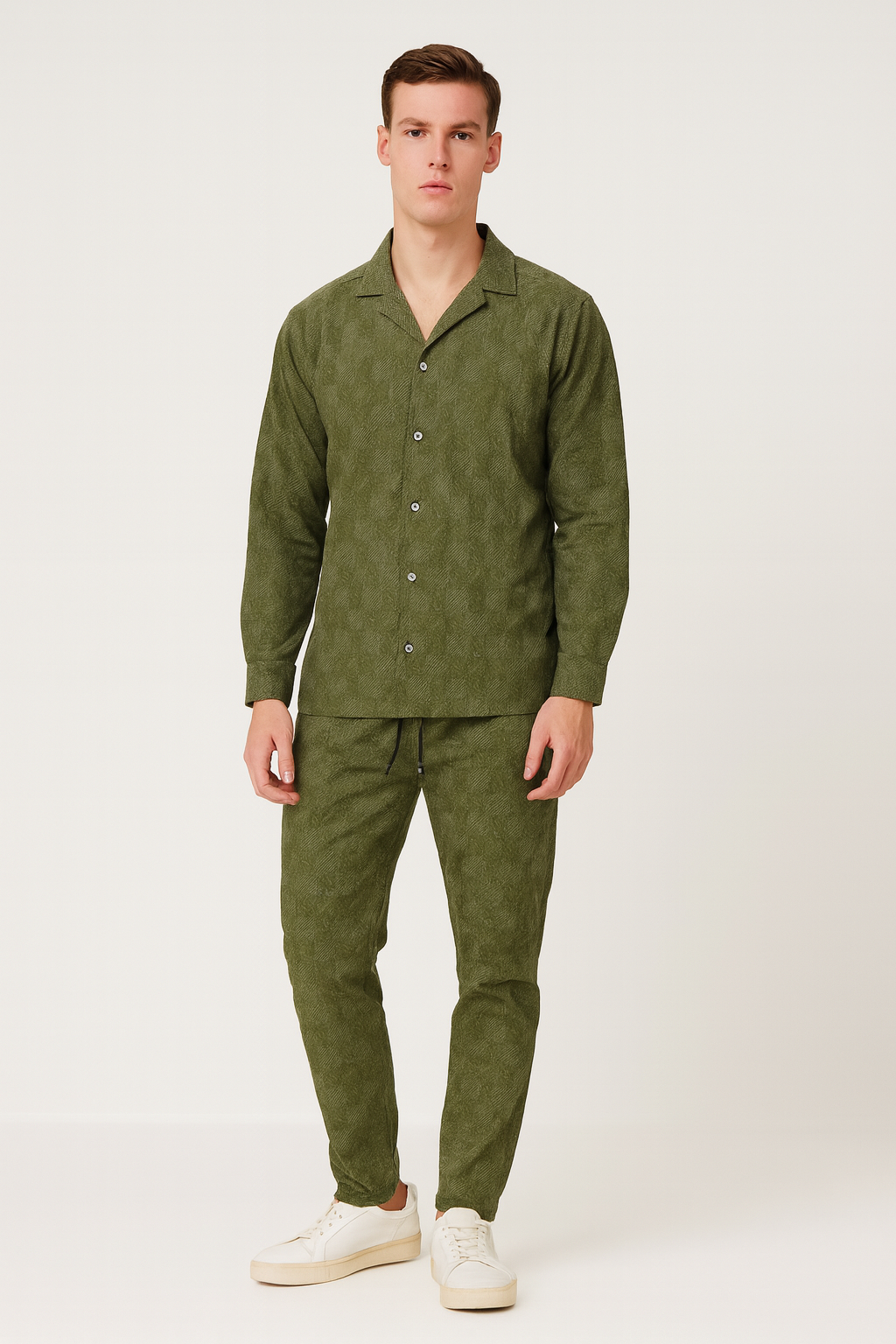 Men China Cotrai Safari Suit-Olive Green-Louis-Viton - button & threads