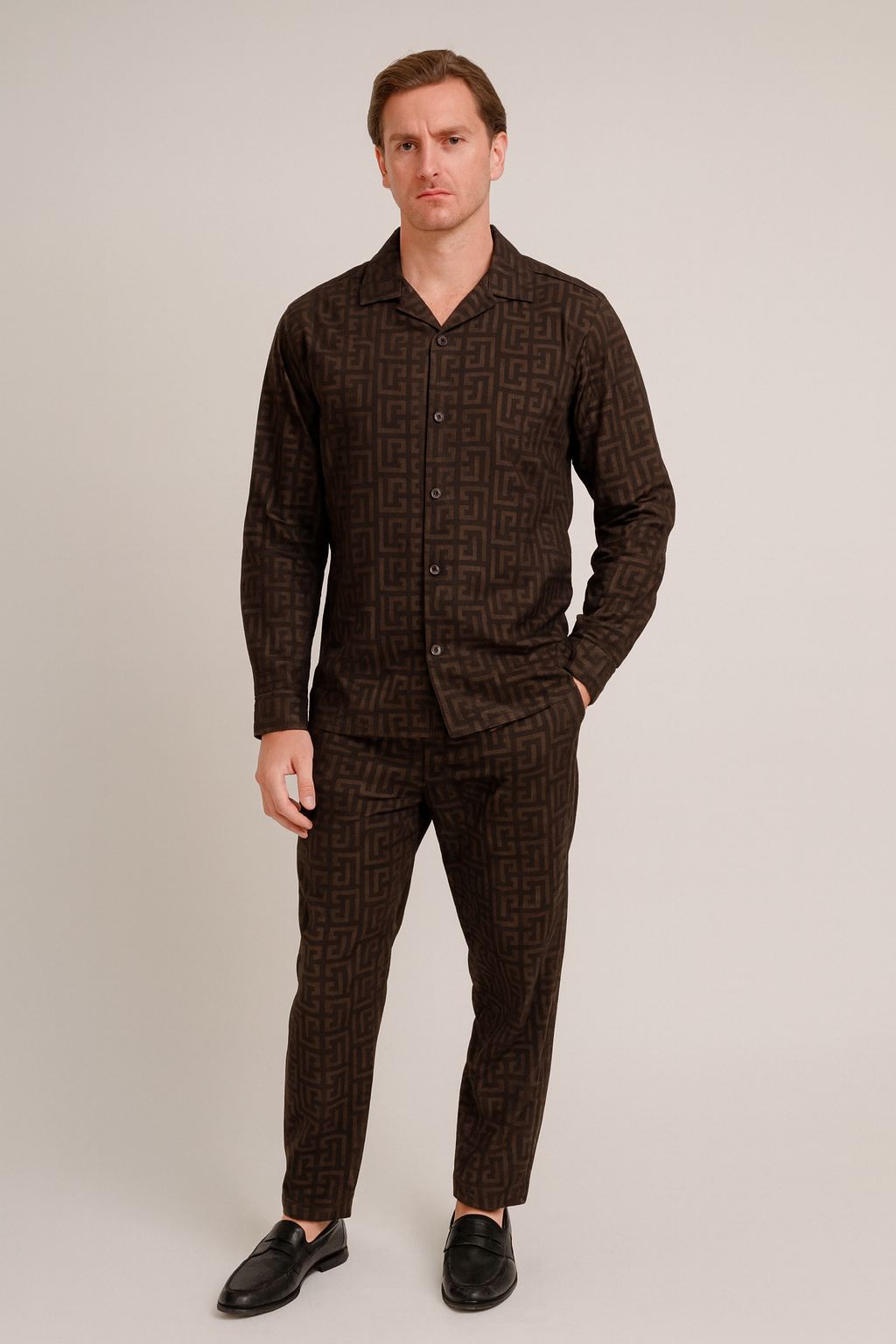Men China Cotrai Safari Suit- Chocolate Brown-Pattern - button & threads
