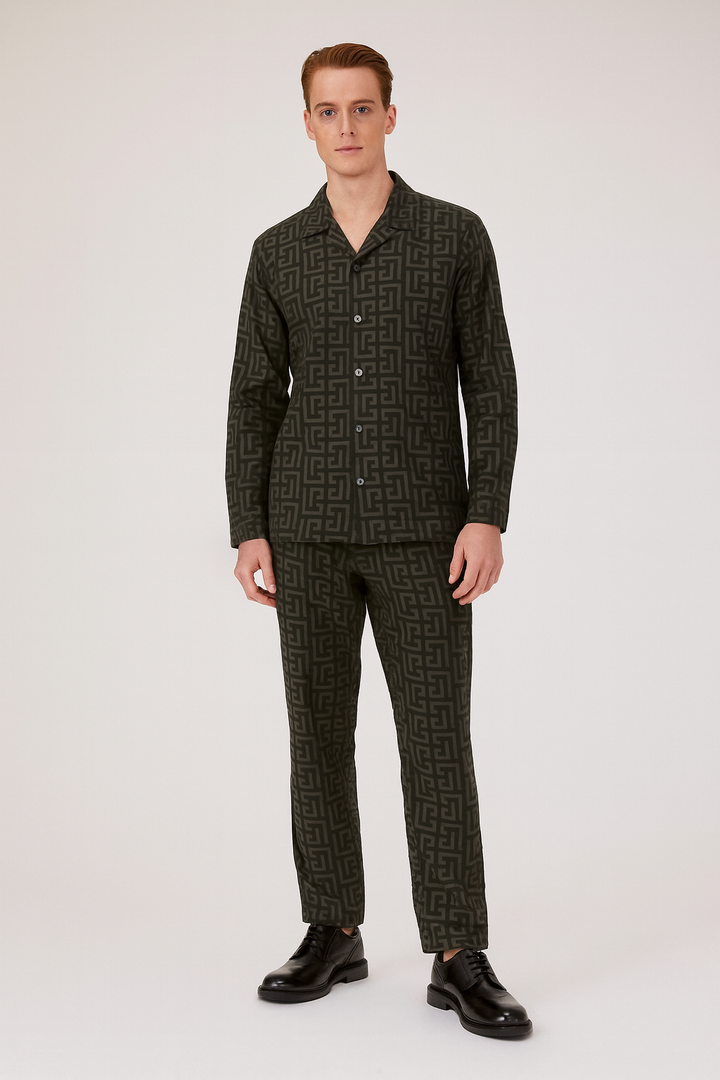 Men China Cotrai Safari Suit- Dark Olive Green-Pattren - button & threads