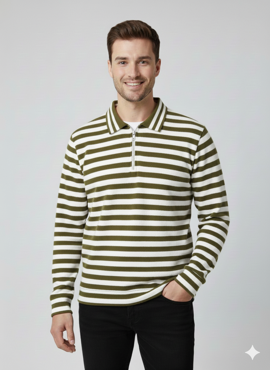 Old Money Men's Zipped Olive Striped Textured Sweat Shirt - button & threads