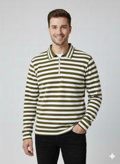 Old Money Men's Zipped Olive Striped Textured Sweat Shirt - button & threads