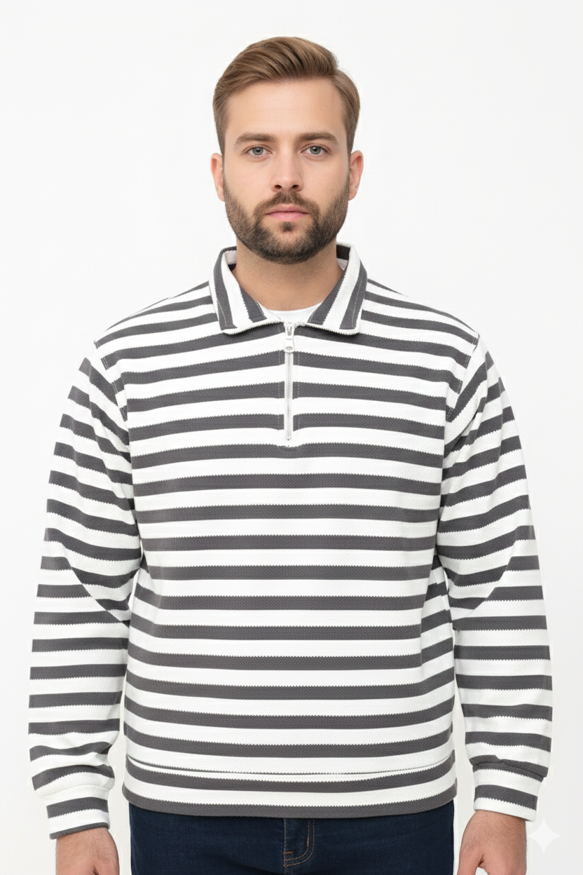 Old Money Men's Zipped Brown Striped Textured Sweat Shirt - button & threads
