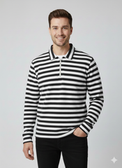 Old Money Men's Zipped Black  Striped Textured Sweat Shirt - button & threads