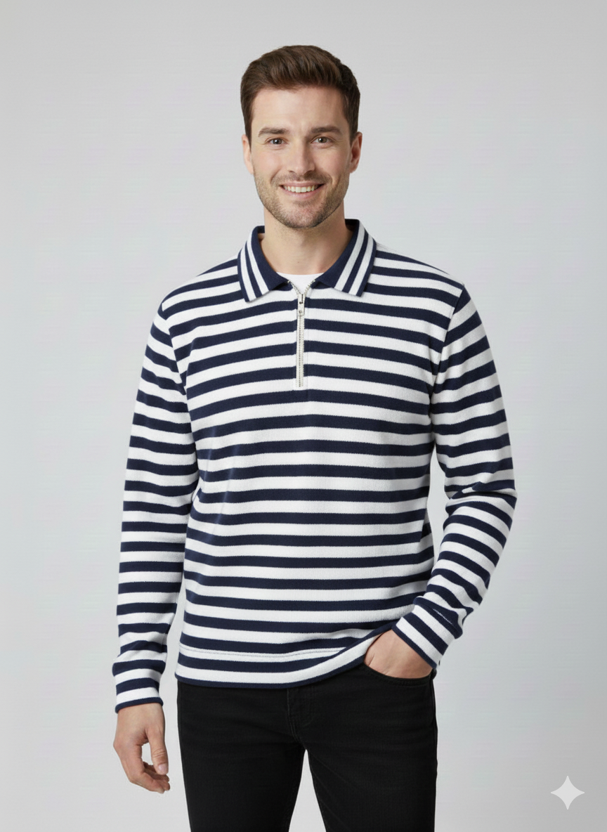 Old Money Men's Zipped NavyStriped Textured Sweat Shirt - button & threads