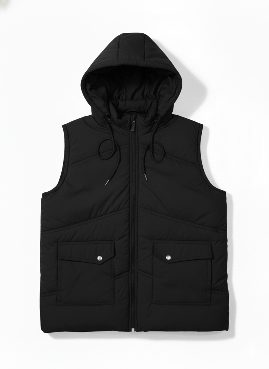 Sleeves Less Jet Black Double Pocket Puffer Jacket For Male & Female - button & threads