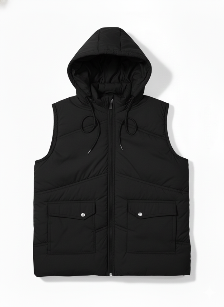 Sleeves Less Jet Black Double Pocket Puffer Jacket For Male & Female - button & threads