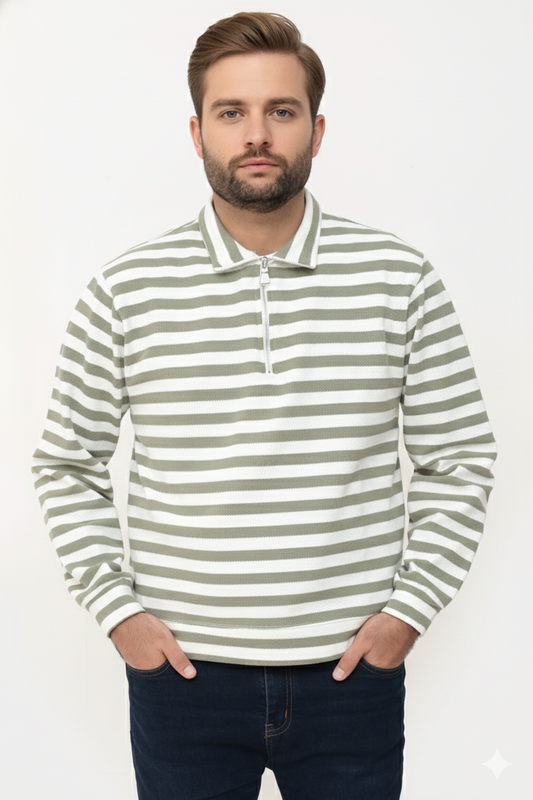 Old Money Men's Zipped Olive Striped Textured Sweat Shirt