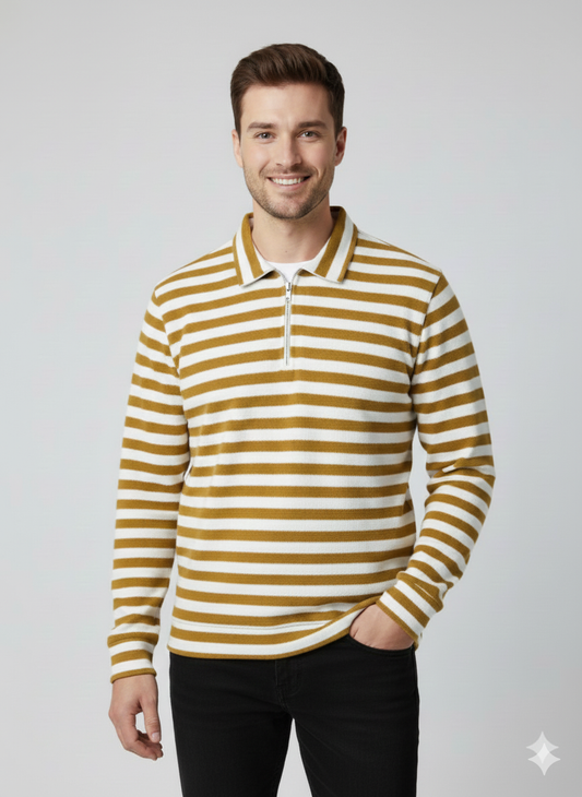 Old Money Men's Zipped Mustard Striped Textured Sweat Shirt - button & threads