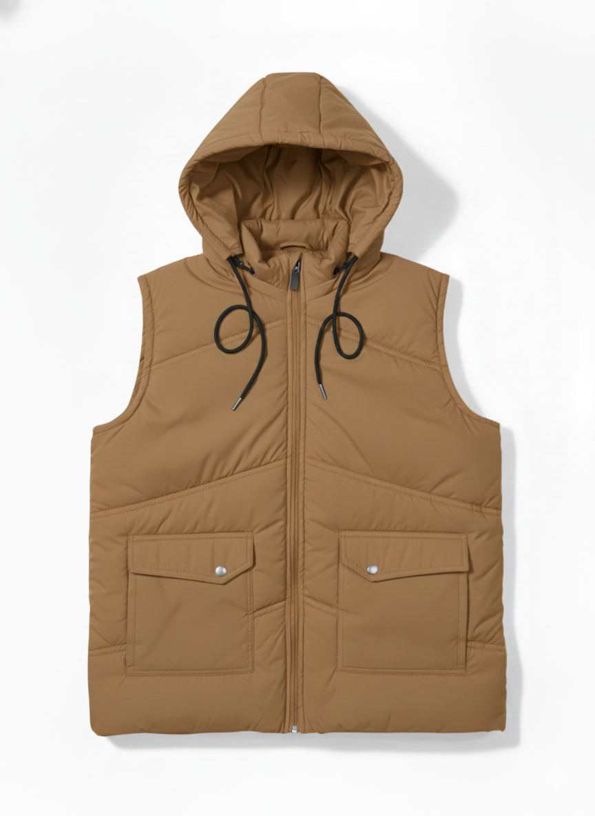 Sleeves Less Camel Double Pocket Puffer Jacket For Male & Female - button & threads