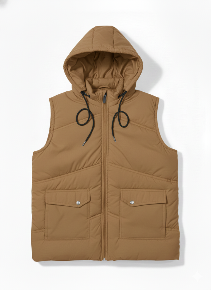 Sleeves Less Camel Double Pocket Puffer Jacket For Male & Female - button & threads