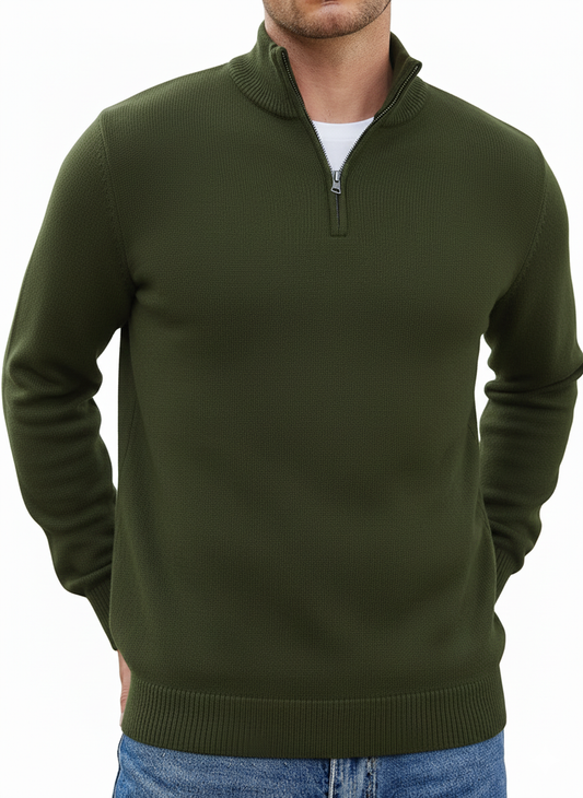 Old Money Men's Zipped Olive Green Textured Sweat Shirt - button & threads