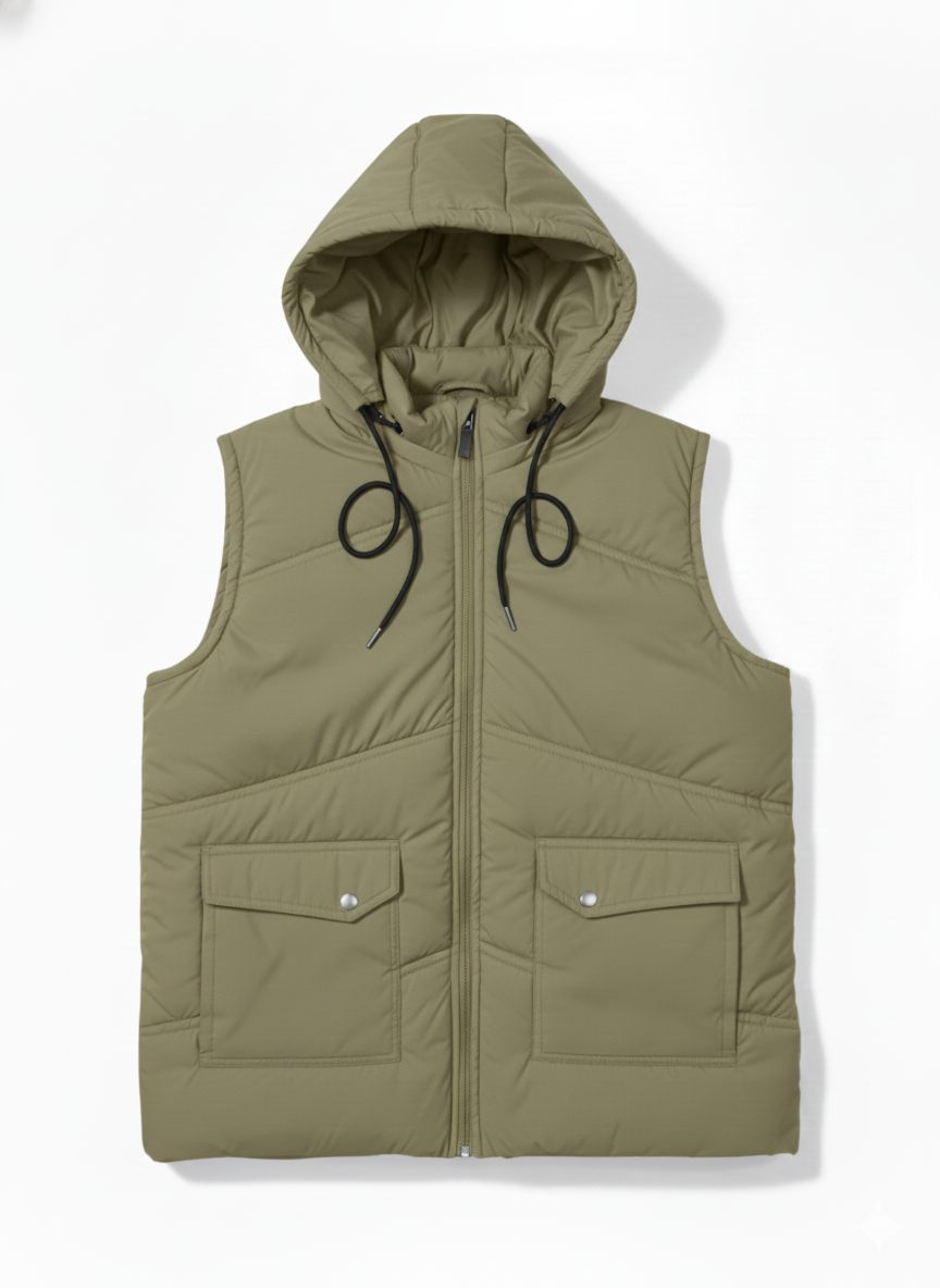 Sleeves Less Olive Double Pocket Puffer Jacket For Male & Female - button & threads