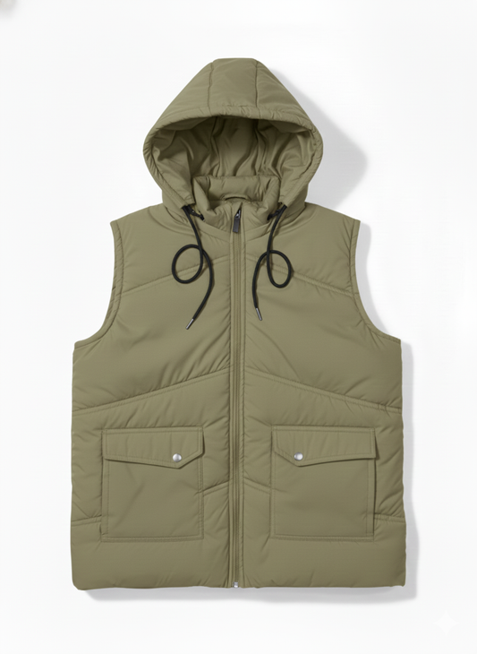 Sleeves Less Olive Double Pocket Puffer Jacket For Male & Female