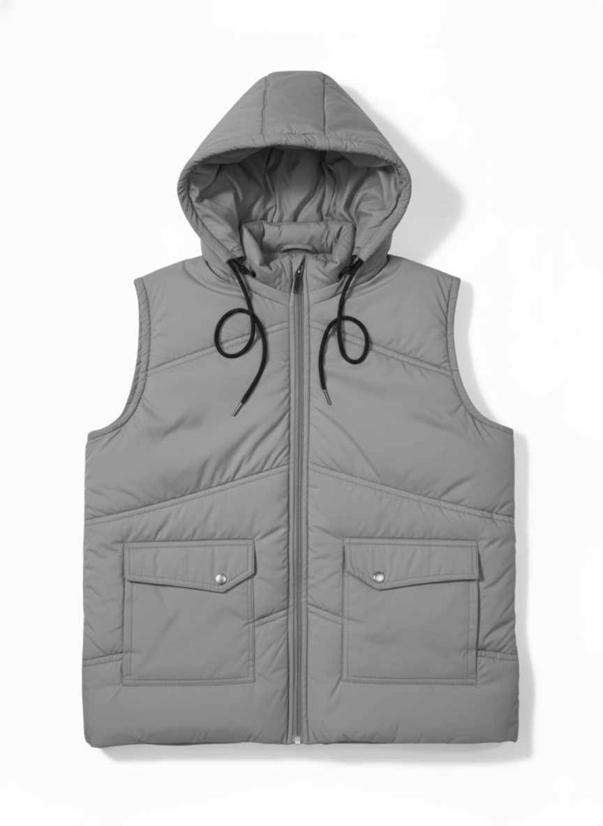 Sleeves Less Grey  Double Pocket Puffer Jacket For Male & Female - button & threads