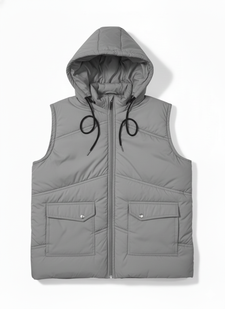 Sleeves Less Grey  Double Pocket Puffer Jacket For Male & Female - button & threads