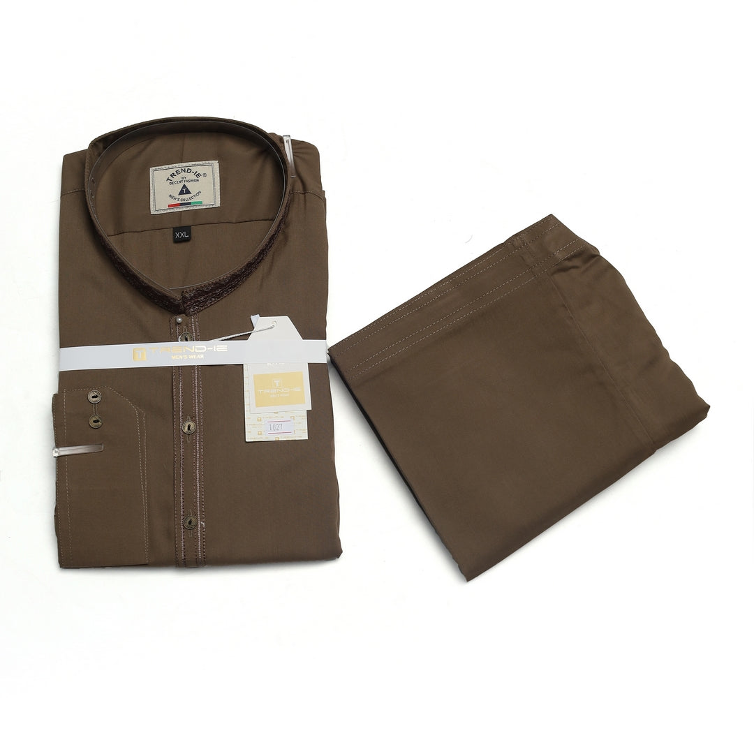 Men’s Embrioded Shalwar Qameez-Dark Brown-BC1027 - button & threads