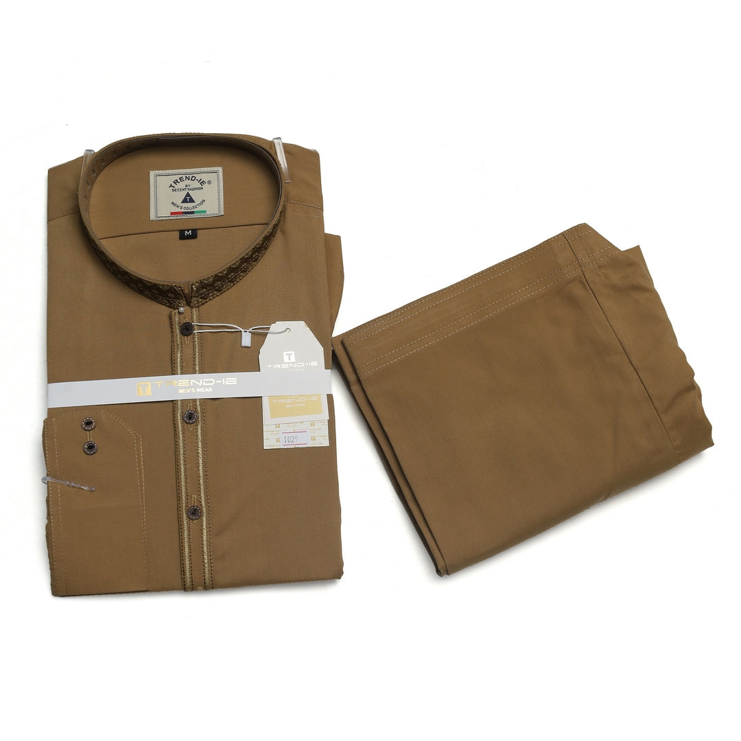 Men’s Embrioded Shalwar Qameez- Coffee Brown-BC1029 - button & threads