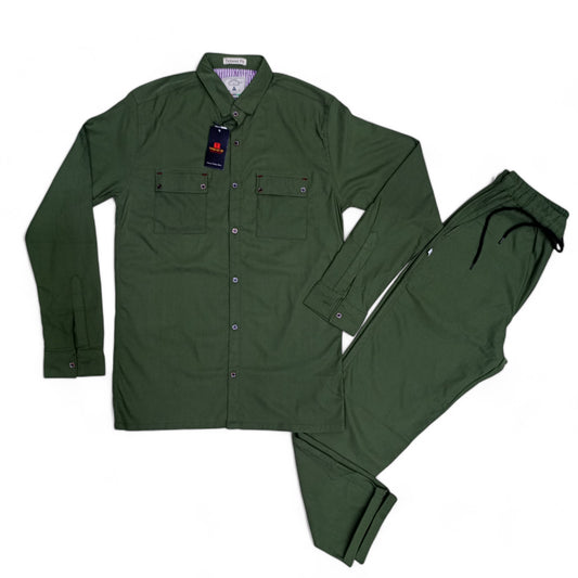 Men Stretchable Safari Suit- Dark Olive Green