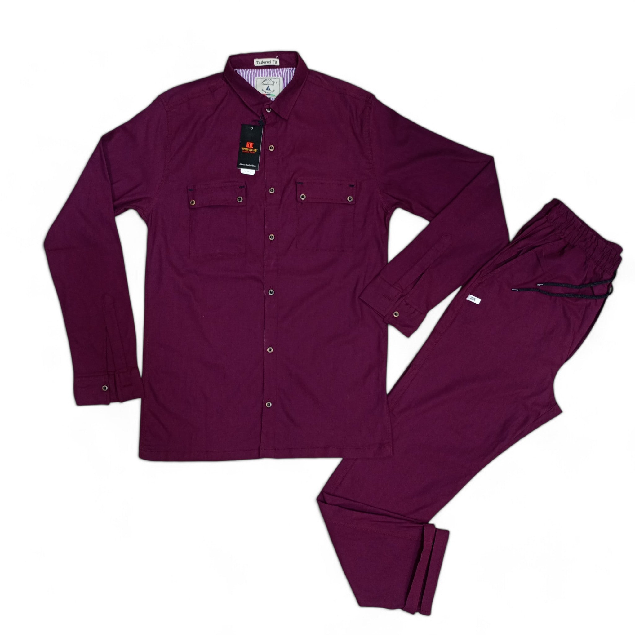 Men Stretchable Safari Suit-Burgunday/Mehroon - button & threads