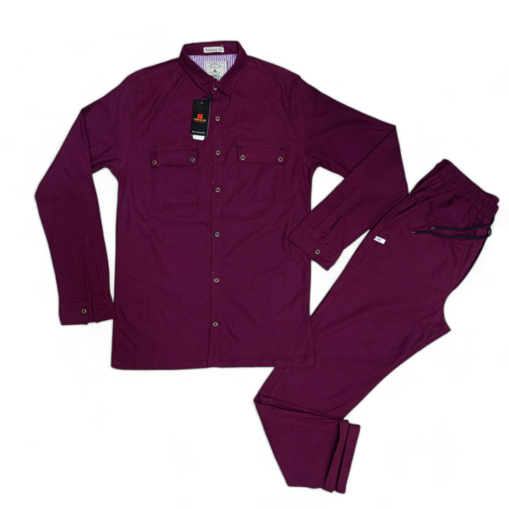 Men Stretchable Safari Suit-Burgunday/Mehroon - button & threads
