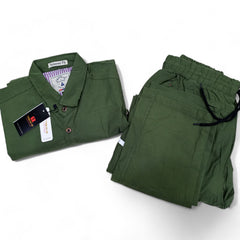 Men Stretchable Safari Suit- Dark Olive Green - button & threads