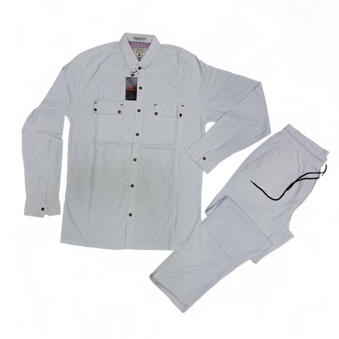 Men Stretchable Safari Suit-Jet White - button & threads