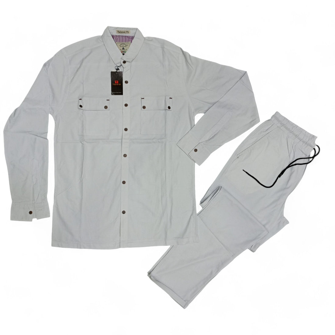 Men Stretchable Safari Suit-Jet White - button & threads