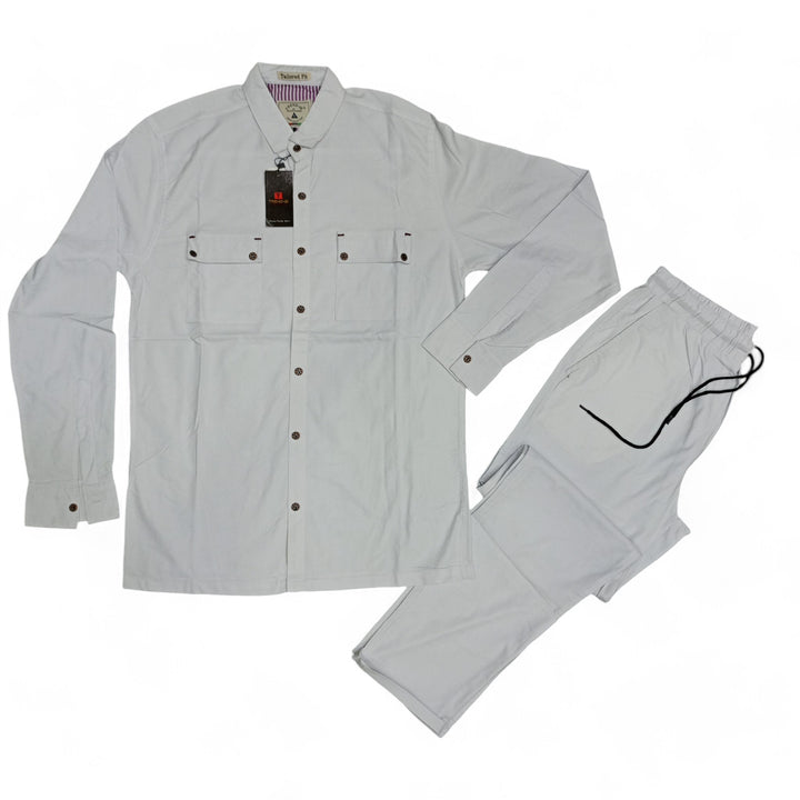 Men Stretchable Safari Suit-Jet White - button & threads