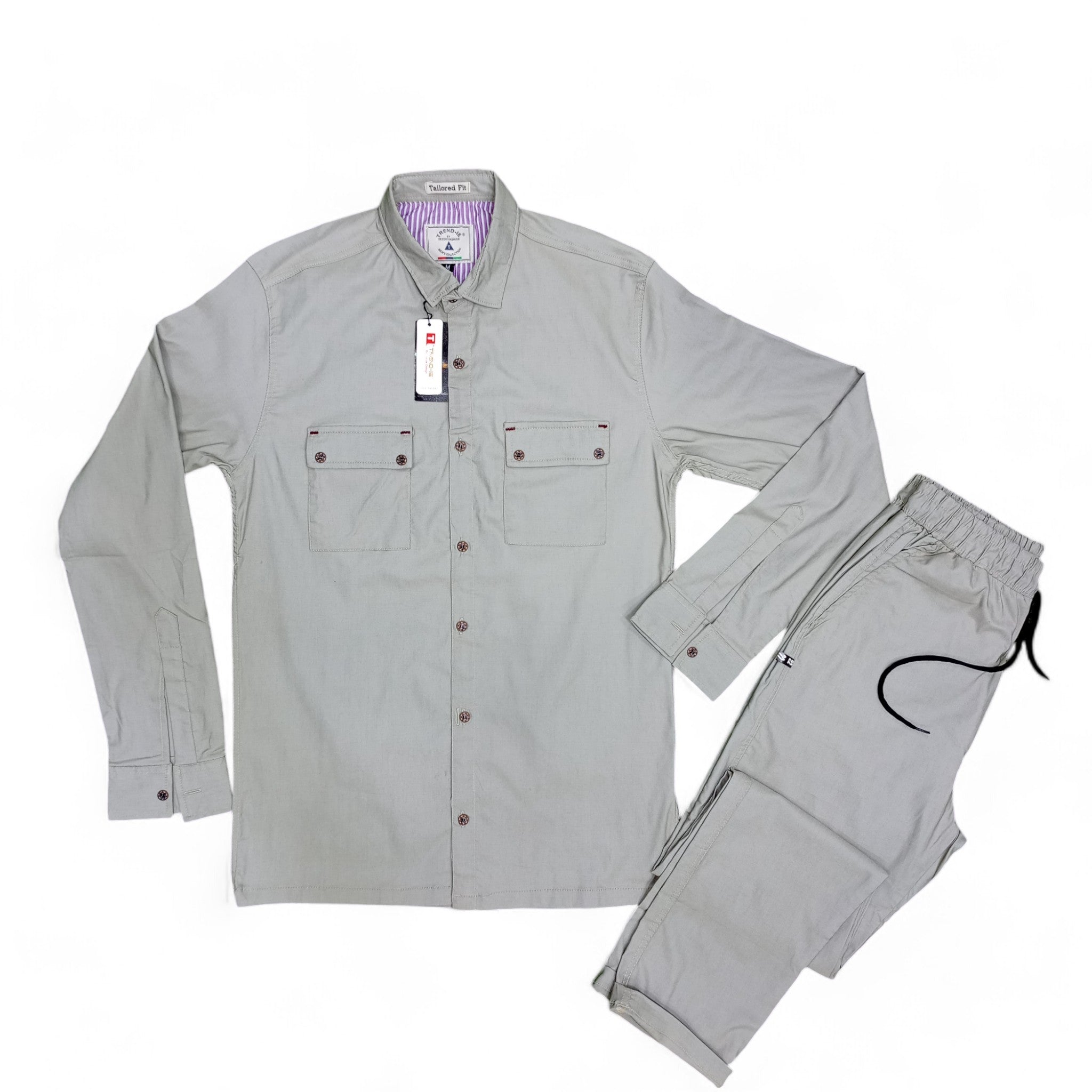 Men Stretchable Safari Suit- Light Olive Green - button & threads