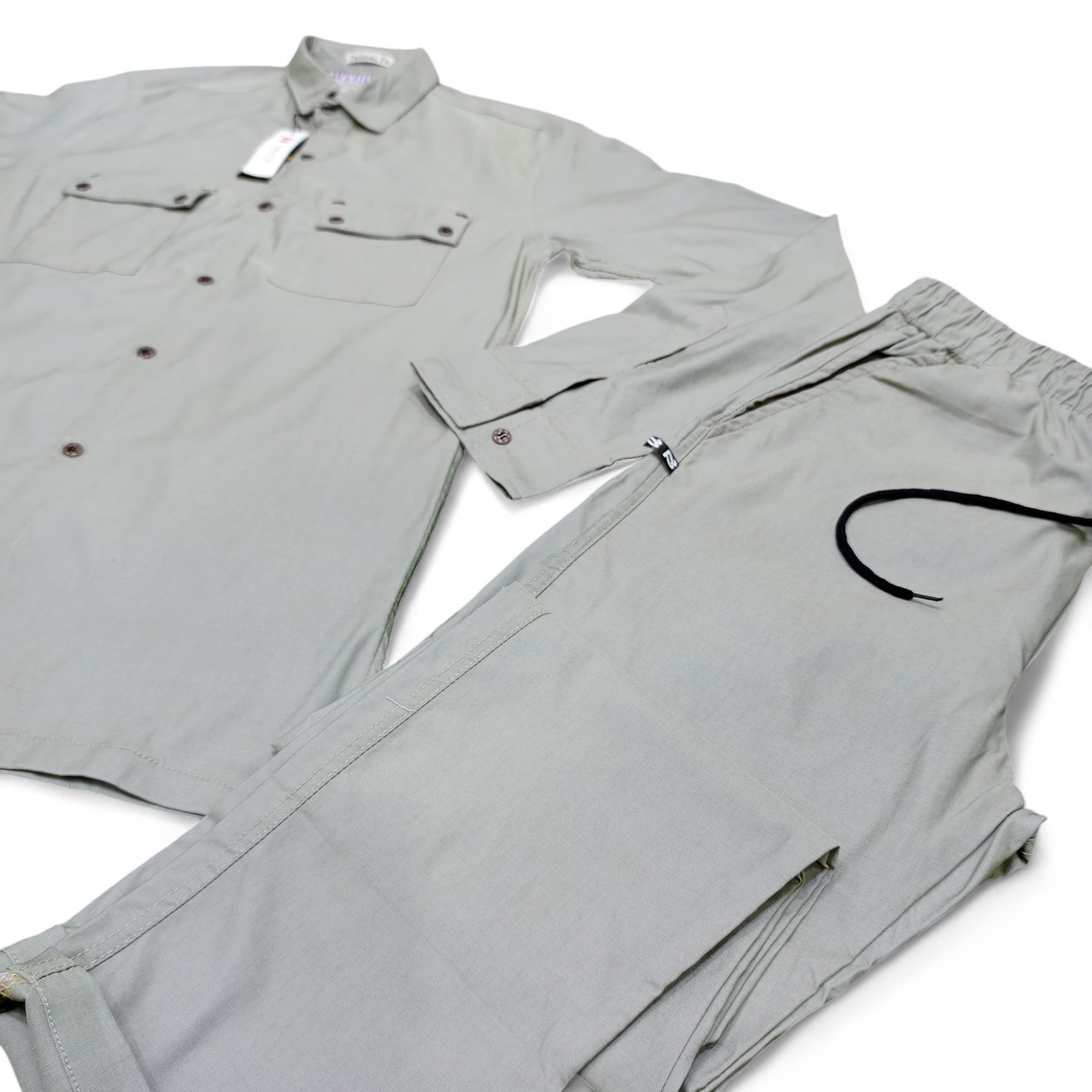 Men Stretchable Safari Suit- Light Olive Green - button & threads