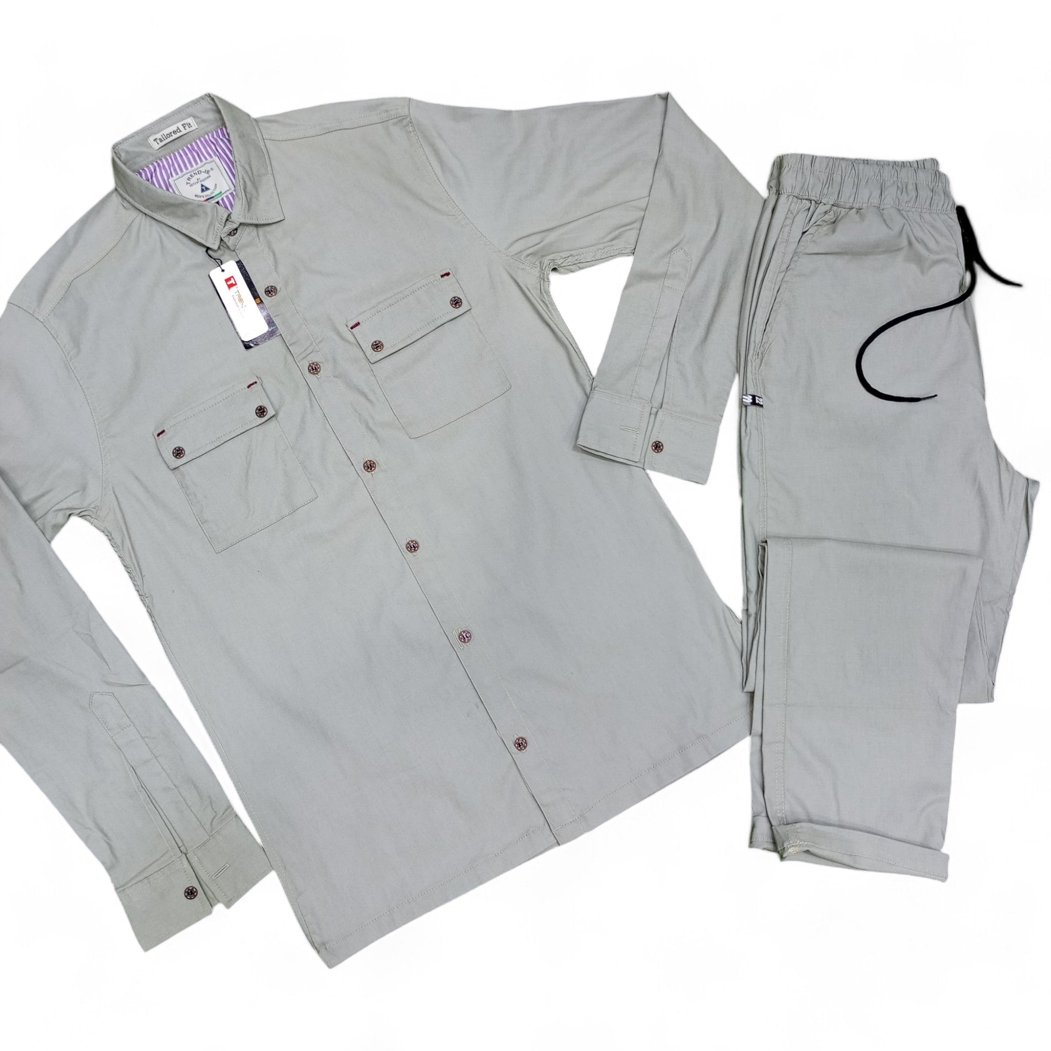 Men Stretchable Safari Suit- Light Olive Green - button & threads